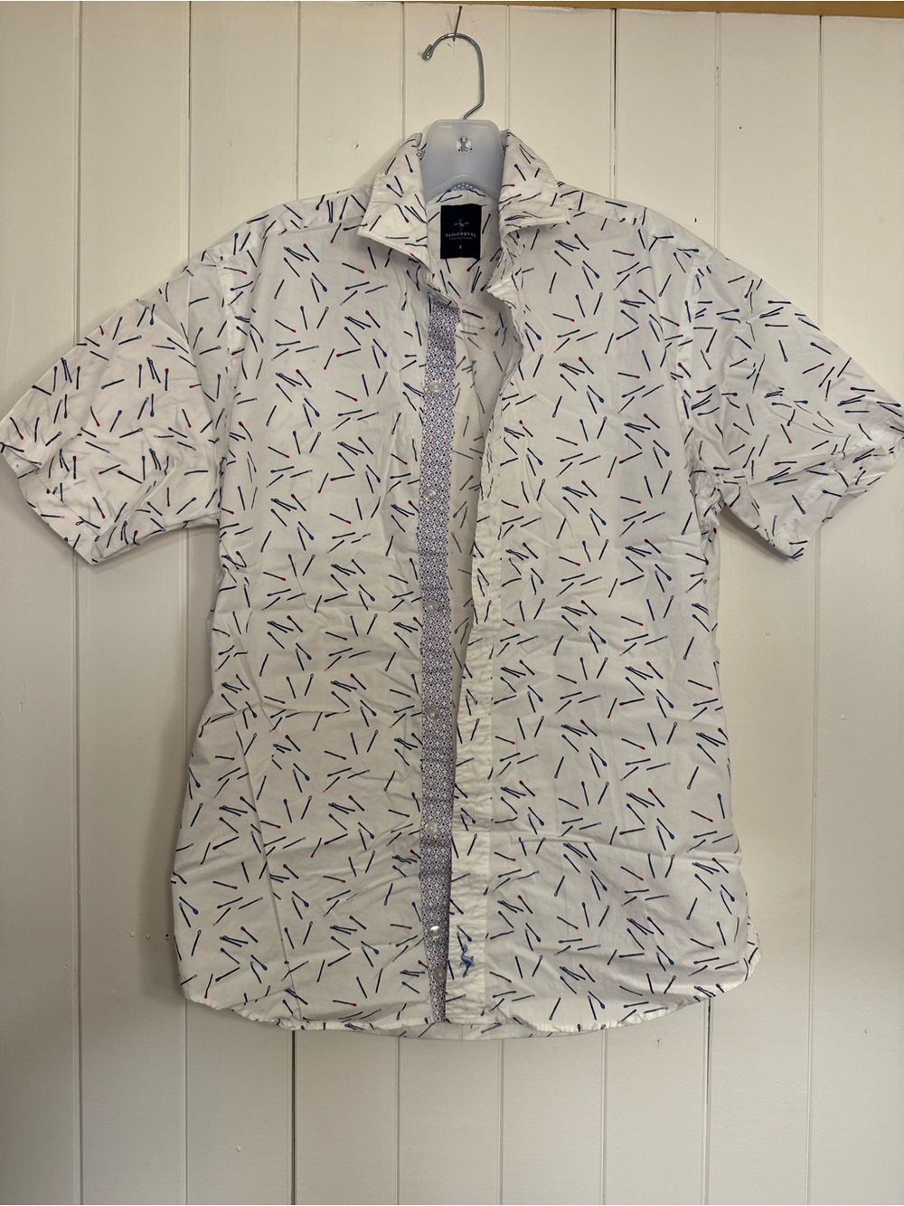 Tailorbyrd White Short-Sleeve Button-Down with Navy Sprinkle Print